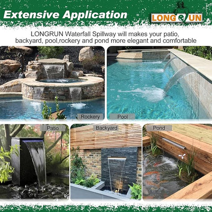 LONGRUN 30cm Pond Waterfall Blade,Stainless Steel Pool Fountain with RGB Bluetooth LED Light, Complete Waterfall & Stream Kits for Outdoor Water Features