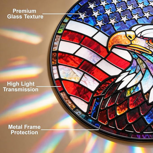 Stained Glass Window Hanging Suncatchers with American Bald Eagle 12.6", Vibrant Glass Panel with Metal Chain for Home Decor Gift for Women Mother's Day, Birthday, Men, and Mom