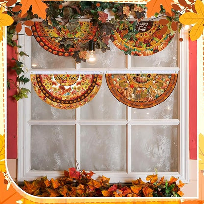 6 Pcs Hello Fall Bunting Flag Thanksgiving Pumpkin Welcome Fall Outdoor Half Banner Happy Harvest Autumn Pumpkin Squirrel Pattern Bunting Flag for Thanksgiving Garden Decor, 1.5 x 3 ft