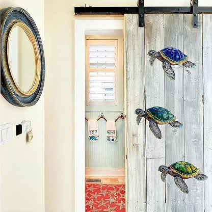 VividLadybug Metal Turtle Sea Wall Decor Outdoor Garden Hanging Art Sculptures Home Ocean Theme Decorations for Kitchen Fence Bathroom and Pool, 3Pcs