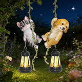 Set of 2 Solar Hanging Statue, Outdoor Resin Black White Cat & Golden Retriever Dog Figurine with LED Lights, Animal Ornament for Garden, Fence, Porch, Patio, Yard Decor
