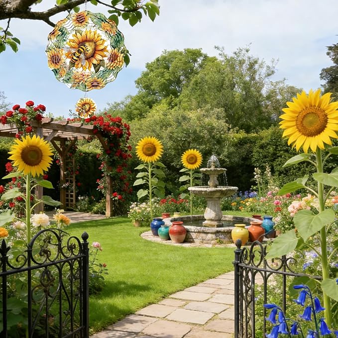 Rngmsi Wind Spinners Outdoor Garden Decor for Outside, 3D Metal Sunflower and Bee Wind Spinner Hanging Decor Kinetic Art for Yard, 12 in Stainless Steel Hanging Gifts for Women Housewarming