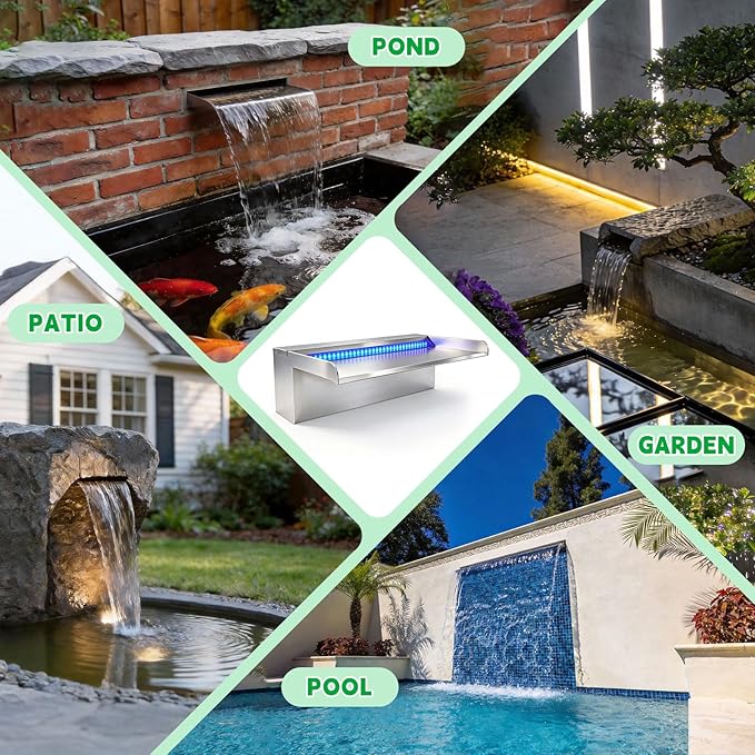LONGRUN with lid Stainless Steel Waterfall Spillway, APP Control Multi-Color LED Light Outdoor Pool Fountain, Water Spillway Koi Pond Waterfalls Fountains Kit for Garden Patio Swimming Pool-35.4"