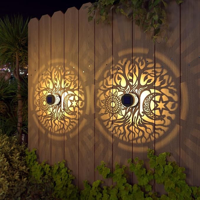 gardencave 4 Pack Solar Fence Lights Metal Solar Powered Outdoor Wall Deck Step Lights Tree Theme Waterproof Fence Light for Garden Post Patio Backyard Yard Decor (Tree, 4 Pack)