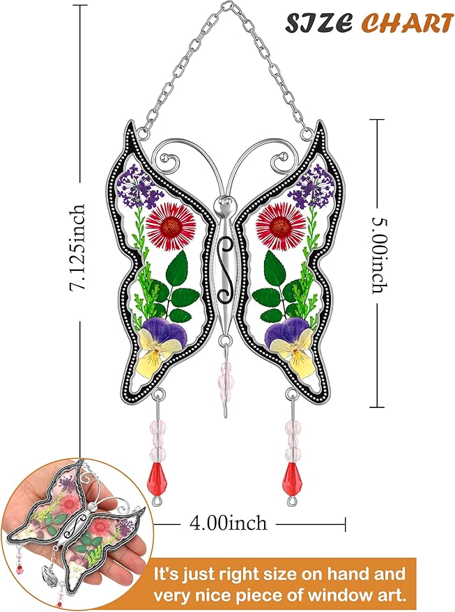 KY&BOSAM Butterfly Suncatchers DIY Stained Glass Suncatcher for Windows Ornament Wind Chime with Pressed Flower Embedded in Glass Birthday Gifts for Mom Mother`s Valentine's Day