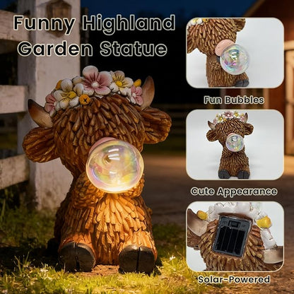 AVEKI Solar Highland Cow Garden Statue, Whimsical Bubble-Blowing Design with Solar Lights, Waterproof Resin Outdoor Decor for Patio, Yard, Lawn, Unique Gift for Mom, Grandma & Garden Lovers