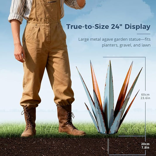 KODIBO 24” Large Metal Agave Plants Outdoor Decor, Vintage Blue Tequila Rustic Sculpture Outdoor Statues, Agave Metal Plants for Yard Garden Lawn Ornaments，Artisan Metal Agave Landscape Decor