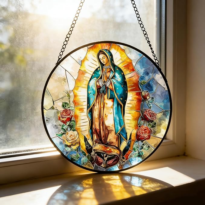 7.88'' Virgin Mary Stained Glass Window Hanging,Christian Mary Suncatchers Stained Glass Hanging with Hook Chain for Window, Sun Catchers Home Decor for Mother's Day for Women, Men, Wife, Aunt, Mom