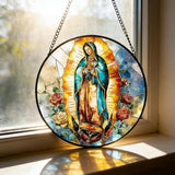 7.88'' Virgin Mary Stained Glass Window Hanging,Christian Mary Suncatchers Stained Glass Hanging with Hook Chain for Window, Sun Catchers Home Decor for Mother's Day for Women, Men, Wife, Aunt, Mom