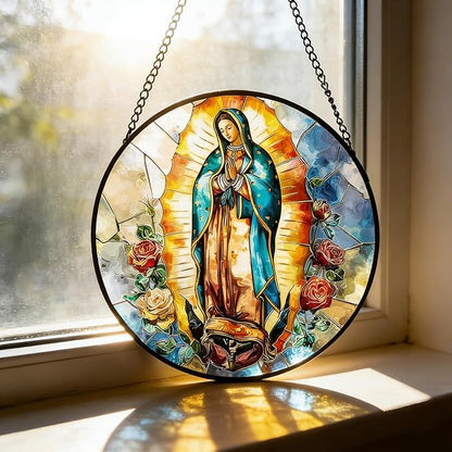7.88'' Virgin Mary Stained Glass Window Hanging,Christian Mary Suncatchers Stained Glass Hanging with Hook Chain for Window, Sun Catchers Home Decor for Mother's Day for Women, Men, Wife, Aunt, Mom