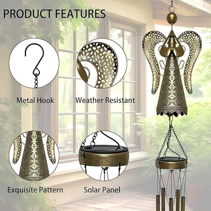 Solar Angel Wind Chimes Outdoor Decor - 36.6" Angels Wind Chime for Outside, Solar Angel Hanging Lights, Wind Chimes for Garden, Patio, Window and Porch