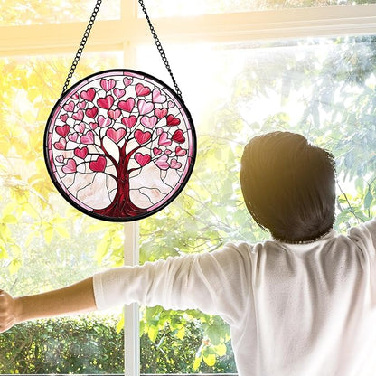 DASTOLL Stained Glass Window Hanging, Valentine's Day Gifts Pink Love Heart Tree Suncatcher Hangings Beige Sun Catchers Decor for Birthday for Women, Men, Wife, Aunt, Mom 6.3 in