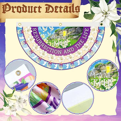 6 Pcs Easter Bunting Flag He Is Risen Bunting Banner Happy Easter Garden Fan Flag Bunny Religious Cross Decoration for Holiday Indoor Outdoor Yard Porch Decor, 1.5 x 3 ft