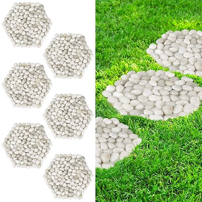River Rock Stepping Stones Outdoor for Garden Walkway, 12 inch 6 Pcs Hexagon Shape Paver Step Stones Polished Pebble River Stone Mat for Yard Lawn Patio Pathway Walk Way - White