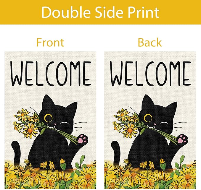 Summer Garden Flag Welcome Black Cat Sunflower Double Sided Burlap 12x18 inches For Porch Lawn Yard Outdoor and Home Decor