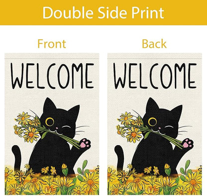 Summer Garden Flag Welcome Black Cat Sunflower Double Sided Burlap 12x18 inches For Porch Lawn Yard Outdoor and Home Decor