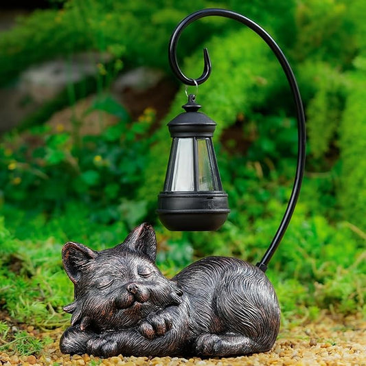 WSgift Outdoor Cat Figurine Garden Statue with Solar-Powered LED Light 13.77 Inches Tall, Gift Garden Statue Decor for Cat Lovers