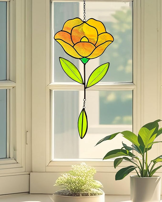 Flower Suncatchers, Stained Glass Window Hangings, Garden Suncatchers for Window and Wall Decor (B-Yellow)