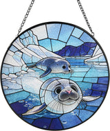 Stained Glass Window Hanging, Seal Circular Painted Glass Suncatcher with Chain & Suction Cup for Home Garden Door Decor, Birthday for Women Men Mom 7.8 in