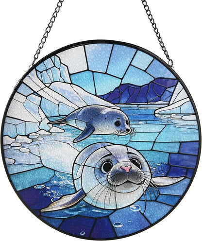 Stained Glass Window Hanging, Seal Circular Painted Glass Suncatcher with Chain & Suction Cup for Home Garden Door Decor, Birthday for Women Men Mom 7.8 in