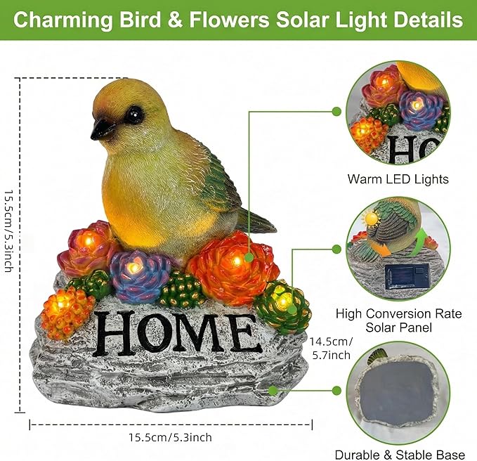 DECOUE Solar Garden Statue with Bird & “Home” Sign, Solar Bird Light Outdoor Decor with Warm LED Glow, Garden Decor for Outside Yard Patio Walkway, Decorative Garden Statue with Succulent Accents