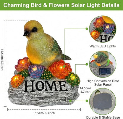 DECOUE Solar Garden Statue with Bird & “Home” Sign, Solar Bird Light Outdoor Decor with Warm LED Glow, Garden Decor for Outside Yard Patio Walkway, Decorative Garden Statue with Succulent Accents