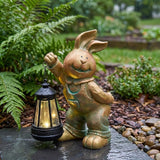 Solar Rabbit Garden Statue with LED Lantern - Outdoor Resin Animal Sculpture, Solar-Powered Waterproof Lawn Decor for Patio, Yard, Porch, Charming Easter Decor for Home & Garden (Bronze)