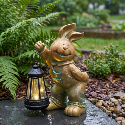 Solar Rabbit Garden Statue with LED Lantern - Outdoor Resin Animal Sculpture, Solar-Powered Waterproof Lawn Decor for Patio, Yard, Porch, Charming Easter Decor for Home & Garden (Bronze)