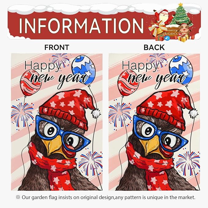Happy New Year Chicken Garden Flag Funny Rooster with Glasses Balloons & Fireworks Yard Flags Holiday Cute Cock House Banners Decoration for Outdoor Lawn or Porch 12x18 Inch