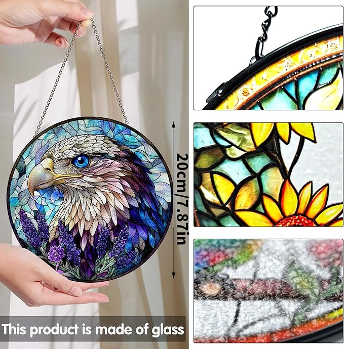 Bimkole Eagle Stained Glass Suncatcher Window Hanging - Animal Indoor Window or Doorway Decoration - Handmade Sun Catcher Decor for Garden Home Christmas & Birthday Gifts 7.87x7.87 inch