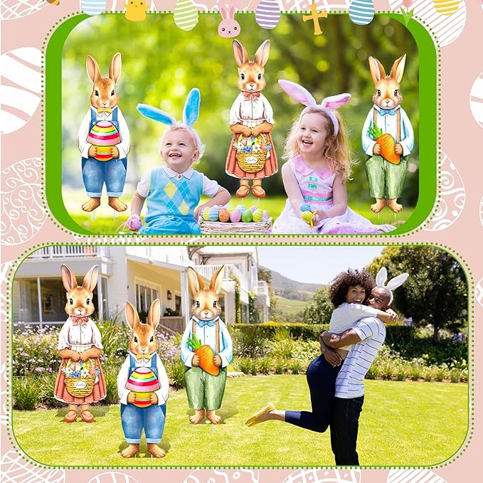 Umigy 3 Pcs Easter Yard Decor Elegant Easter Sign with Stakes 32 x 10 Inch Bunny Holding Carrots Eggs Baskets Lawn Decor Cute Yard Decoraitons for Home Pathway Walkway