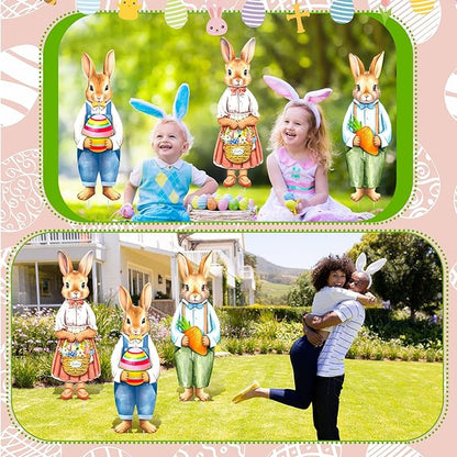 Umigy 3 Pcs Easter Yard Decor Elegant Easter Sign with Stakes 32 x 10 Inch Bunny Holding Carrots Eggs Baskets Lawn Decor Cute Yard Decoraitons for Home Pathway Walkway