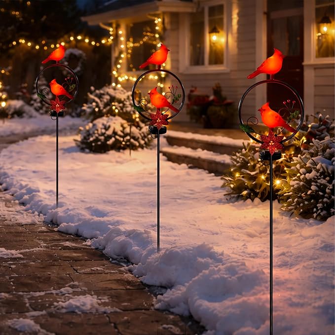 Cardinal Garden Decor Red Cardinal Figurine Solar Lights Garden Stake Outdoor Decor, Christmas Yard Decorations for Patio Porch Pathway Lawn Ornaments, Cemetery Solar Light Red Bird Gift