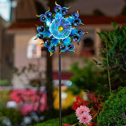 Solar Owls Wind Spinners for Yard and Garden,51 Inch Solar Windmill Seven Color LED Light Whirligig Kinetic Spinner to Scare Birds Decor for Lawn, Patio,Owl Gift Metal Wind Outdoor Sculpture