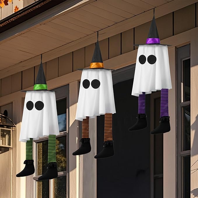 JOYIN 23.6'' 3PCS Halloween Hanging Ghosts Decorations Outdoor, Warm Light Up Ghosts Tree Decor with Witch Hat & Timer, Glowing Halloween Decorations for Yard Patio Garden Outside Haunted House Party
