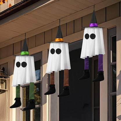 JOYIN 23.6'' 3PCS Halloween Hanging Ghosts Decorations Outdoor, Warm Light Up Ghosts Tree Decor with Witch Hat & Timer, Glowing Halloween Decorations for Yard Patio Garden Outside Haunted House Party