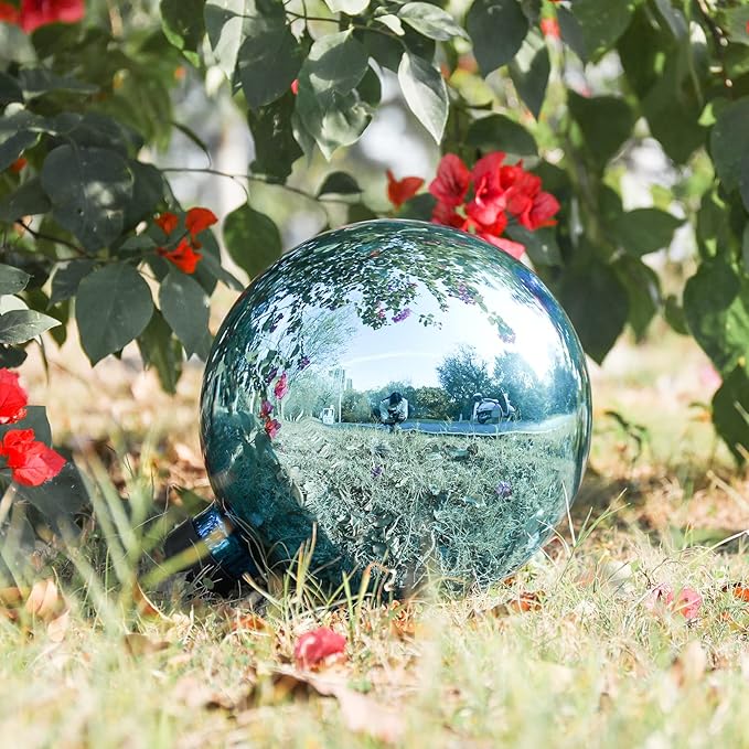VCUTEKA Gazing Ball, Glass Mirror Polished Hollow Ball Reflective Garden Sphere, Gazing Globe for Home Garden Lawn Outdoor Ornament Yard Decorative 10-Inch, Blue