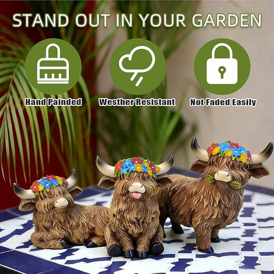 LEGIFO Highland Cow Figurine Set of 3, Funny Art Sculpture for Garden Backyard Patio Lawn Decorations, Outdoor Decor Statue Gift for Women Mom Grandma, Christmas Birthday