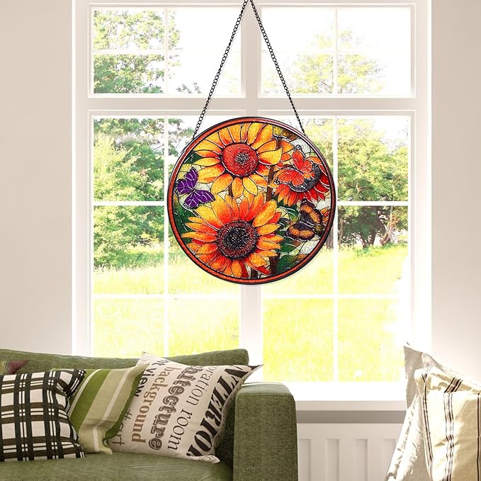 Sunflowers Stained Glass Window Hanging Suncatcher with Chain - 7.9" Outdoor/Indoor Art Decor for Home Garden, Wedding, Thanksgiving, Mother's, Valentine's & Christmas Ornaments Present