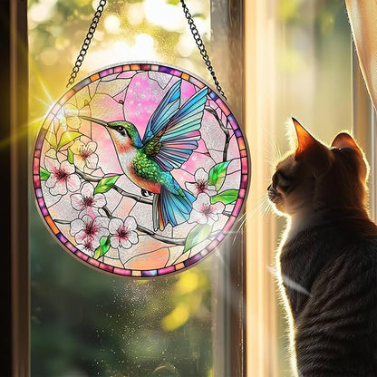 VAIIEYO Hummingbird Sun Catcher Stained Glass Window Hanging Ornament, Handmade Sun Catcher Animal Decoration with Hooks, Window Garden Home, Birthday Housewarming (7.8 inch)