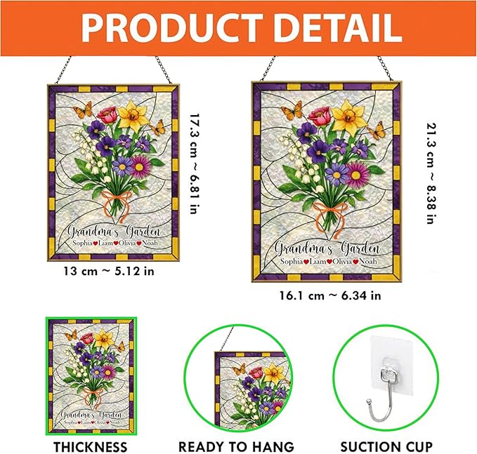 Personalized Grandma’s Garden Stained Glass Suncatcher, Custom Family Birth Flower Stained Glass Suncatcher, Floral Window Hanging, Mother’s Day Keepsake for Grandma
