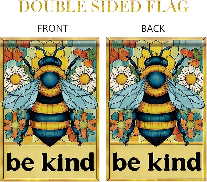 Spring Summer Garden Flag 12x18 Inch Be Kind Bee Stained Glass Floral Art Design Outdoor Yard Porch Lawn Garden for Seasonal Farmhouse Cottage Home Decor