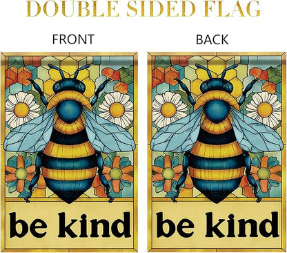 Spring Summer Garden Flag 12x18 Inch Be Kind Bee Stained Glass Floral Art Design Outdoor Yard Porch Lawn Garden for Seasonal Farmhouse Cottage Home Decor