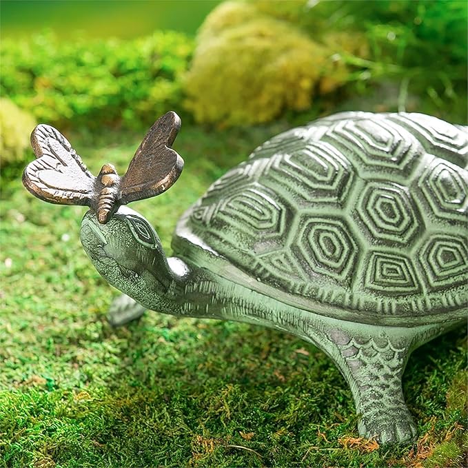 Evergreen Garden 14" L Beautiful Summer Turtle and Butterfly Metal Garden Statue, Fade and Weather Resistant Outdoor Decoration for Homes, Yards and Gardens