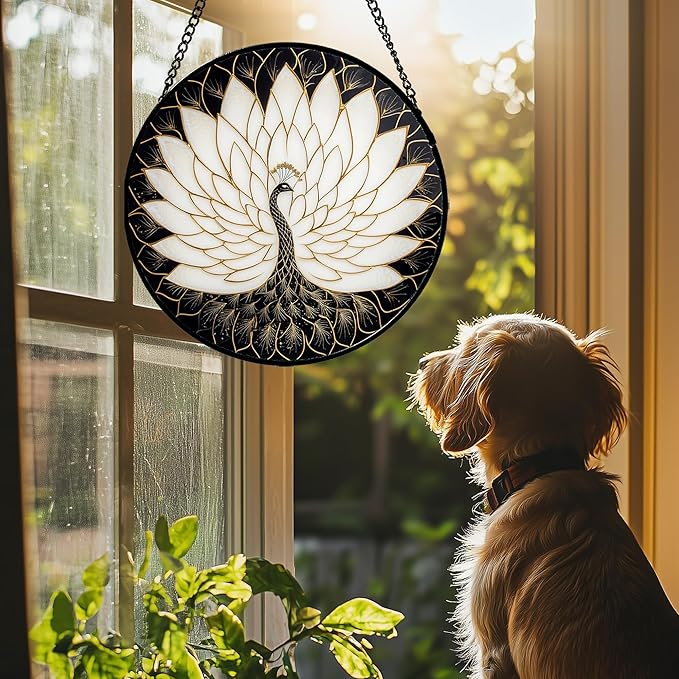 Stained Glass Window Hanging - Peacock Animal Suncatcher for Door Terrace Garden Home Decor Black White Gold Bird Sun Catcher Birthday Gifts for Lovers Women Men Dad Mom Nana 11.8 in