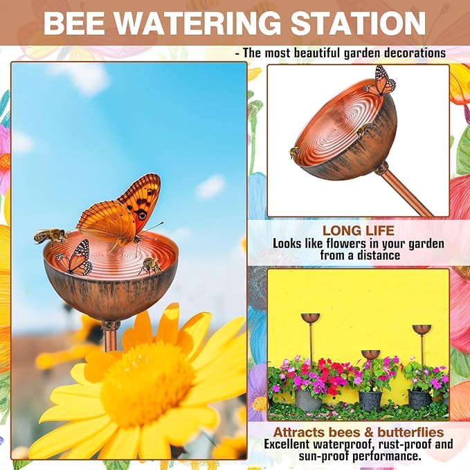 Teenyyou 6 Pcs Bee Watering Station for Garden Bee Metal Watering Cups Butterfly Water Feeder Small Insects Bath Bowl Cups Metal Stakes for Outdoor Garden Decor, Copper