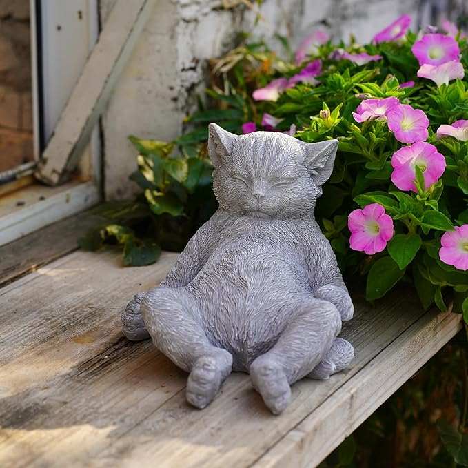 Stone Cat Garden Statue, Funny Resin Cat Figurine for Indoor & Outdoor Decor, Cute Relaxing Cat Sculpture for Patio Yard Lawn Porch Shelf, Cat Lover Gift, Weather Resistant, 9.8" L x 5.9" W x 6.7" H