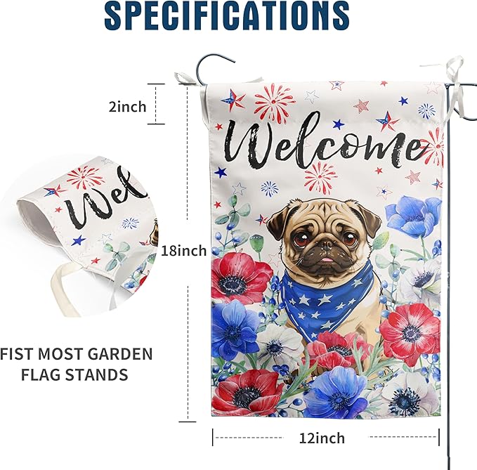 4th of July Pug Garden Flag Red White Blue Floral Dog Yard Flags Small Memorial Independence Day Banner 12x18 Double Sided for Outside Outdoor Patriotic Decor
