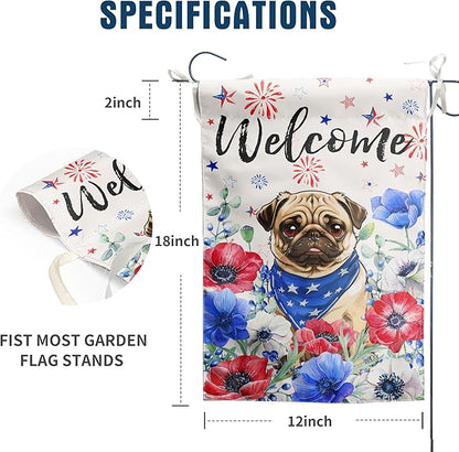 4th of July Pug Garden Flag Red White Blue Floral Dog Yard Flags Small Memorial Independence Day Banner 12x18 Double Sided for Outside Outdoor Patriotic Decor