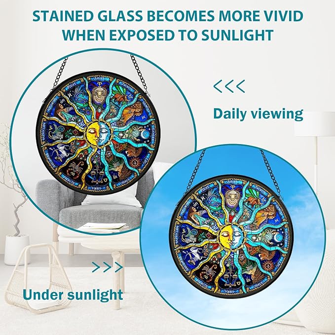 Sun and Moon Stained Glass Window Hanging, Suncatcher for Window Hanging, Sun Catchers Indoor Windows Wall Art for Mom Grandma, Gothic Moon Witchy Suncatcher for Home Garden Office 7.87 inches